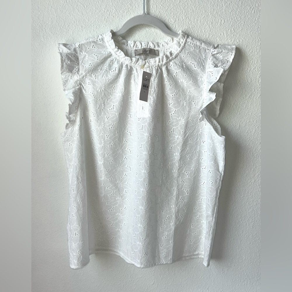 NWT LOFT White Eyelet Ruffle Sleeve Blouse XL - Picture 2 of 11